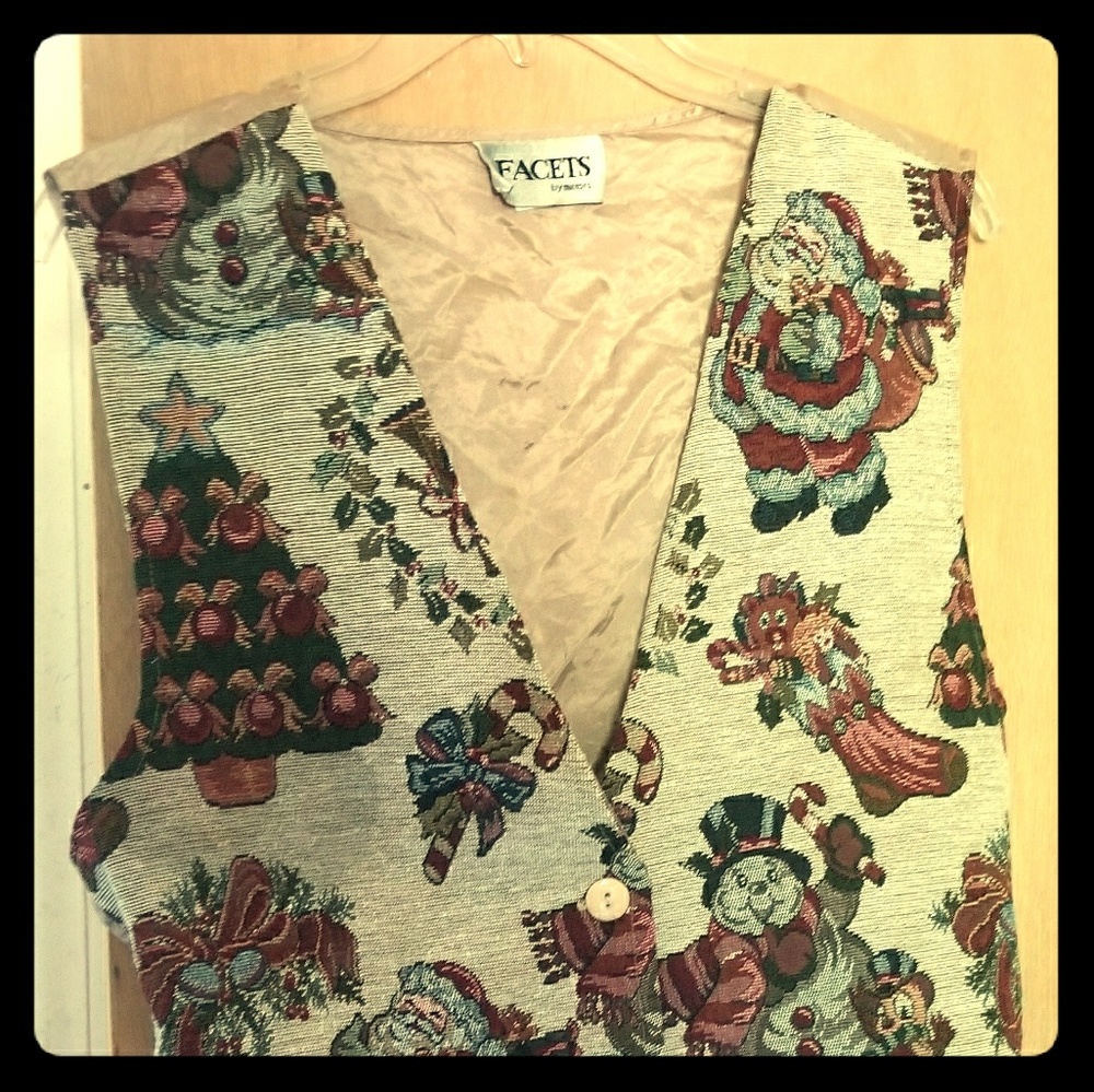 Vintage Facets by Mirrors Christmas Tapestry Vest XL Button Front Holiday Ugly